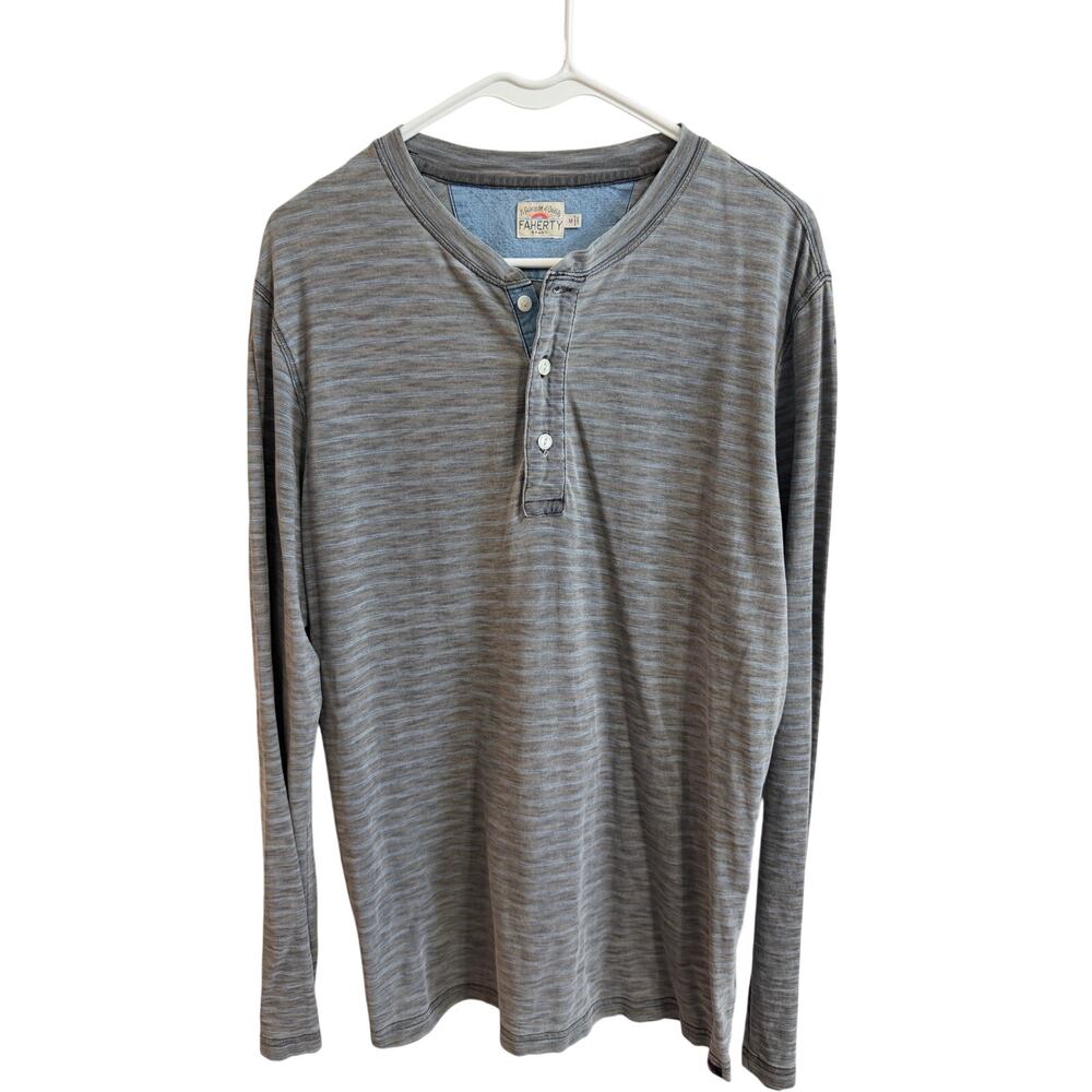Faherty Men's Longsleeve Henley Tee Sz M Gray 100% Cotton Stripe -Tiny Hole